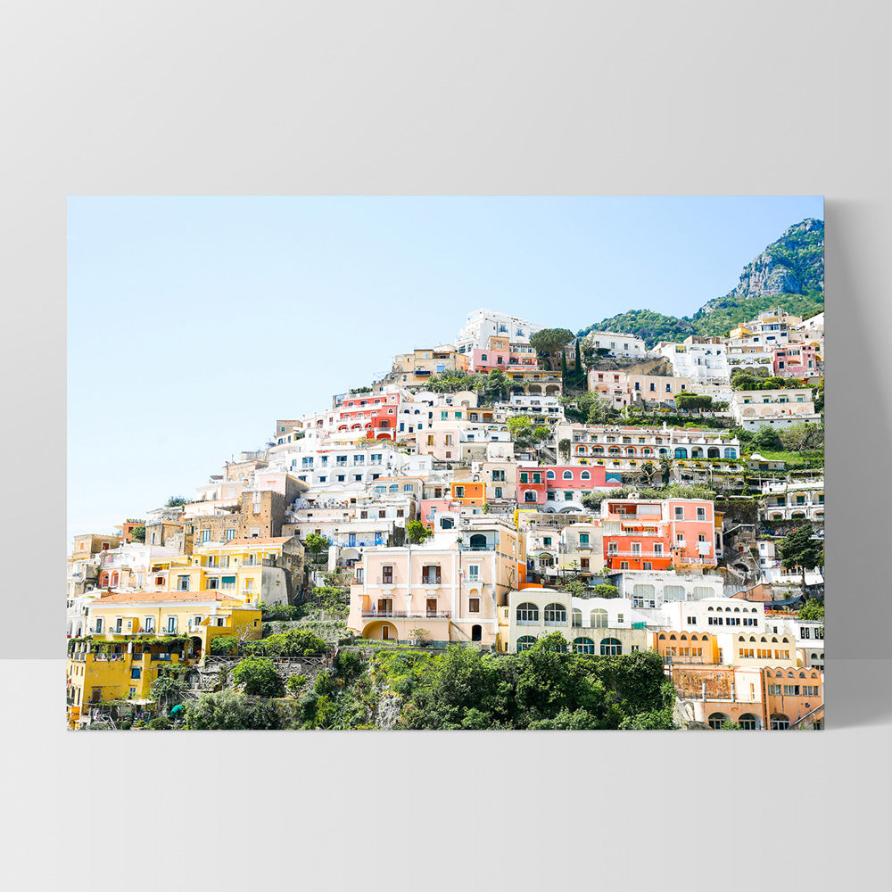 Positano Cliffside Views I - Art Print by Victoria's Stories, Poster, Stretched Canvas, or Framed Wall Art Print, shown as a stretched canvas or poster without a frame