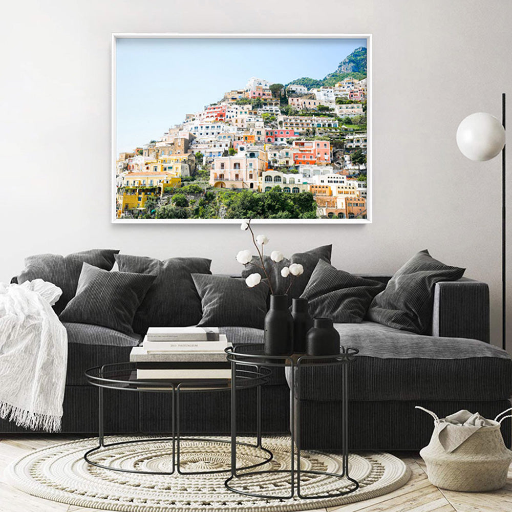 Positano Cliffside Views I - Art Print by Victoria's Stories, Poster, Stretched Canvas or Framed Wall Art Prints, shown framed in a room