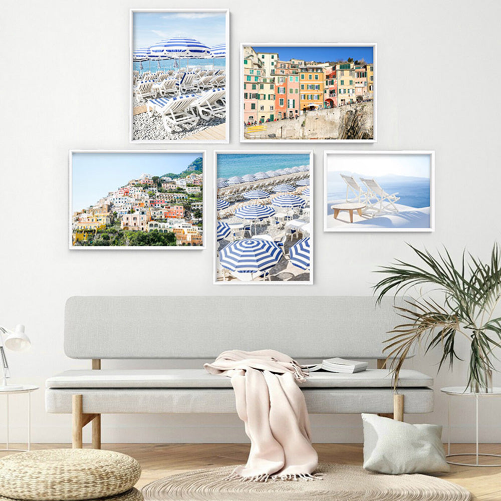 Positano Cliffside Views I - Art Print by Victoria's Stories, Poster, Stretched Canvas or Framed Wall Art, shown framed in a home interior space