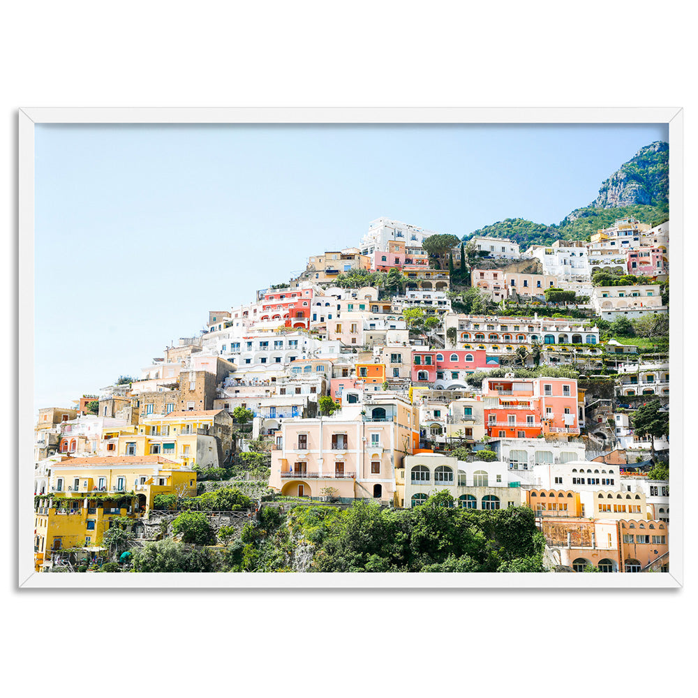Positano Cliffside Views I - Art Print by Victoria's Stories, Poster, Stretched Canvas, or Framed Wall Art Print, shown in a white frame
