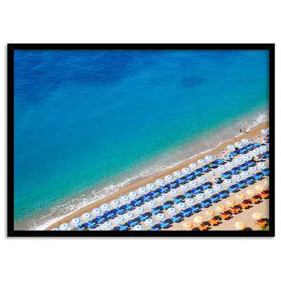 Positano Beach View II - Art Print by Victoria's Stories, Poster, Stretched Canvas, or Framed Wall Art Print, shown in a black frame