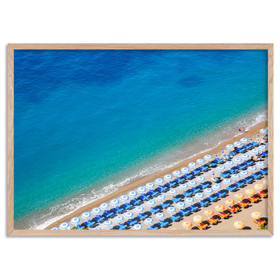 Positano Beach View II - Art Print by Victoria's Stories, Poster, Stretched Canvas, or Framed Wall Art Print, shown in a natural timber frame