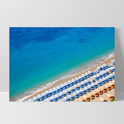 Positano Beach View II - Art Print by Victoria's Stories, Poster, Stretched Canvas, or Framed Wall Art Print, shown as a stretched canvas or poster without a frame