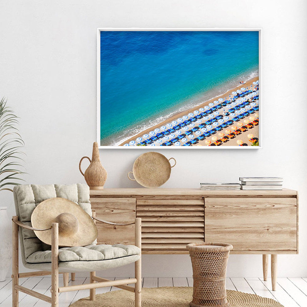 Positano Beach View II - Art Print by Victoria's Stories, Poster, Stretched Canvas or Framed Wall Art Prints, shown framed in a room