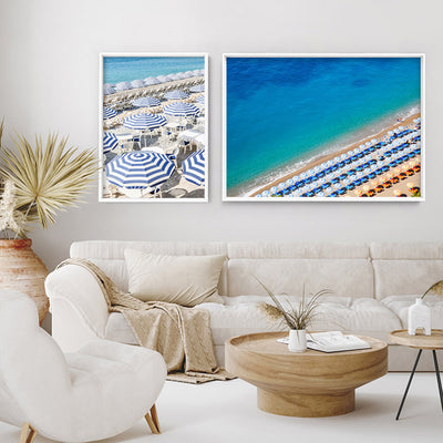 Positano Beach View II - Art Print by Victoria's Stories, Poster, Stretched Canvas or Framed Wall Art, shown framed in a home interior space
