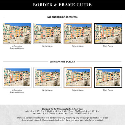 Colourful houses of Cinque Terre II - Art Print by Victoria's Stories, Poster, Stretched Canvas or Framed Wall Art, Showing White , Black, Natural Frame Colours, No Frame (Unframed) or Stretched Canvas, and With or Without White Borders