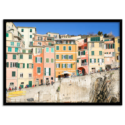 Colourful houses of Cinque Terre II - Art Print by Victoria's Stories, Poster, Stretched Canvas, or Framed Wall Art Print, shown in a black frame