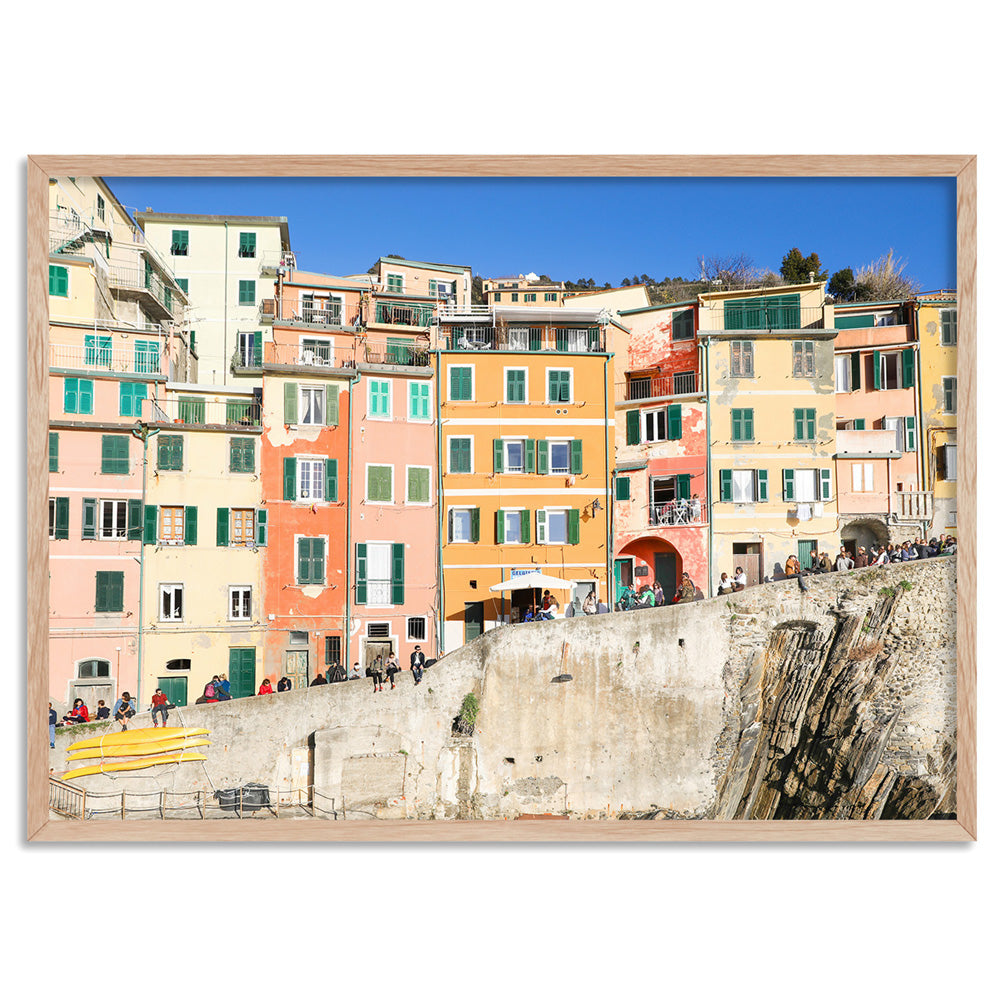Colourful houses of Cinque Terre II - Art Print by Victoria's Stories, Poster, Stretched Canvas, or Framed Wall Art Print, shown in a natural timber frame