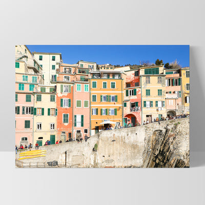 Colourful houses of Cinque Terre II - Art Print by Victoria's Stories, Poster, Stretched Canvas, or Framed Wall Art Print, shown as a stretched canvas or poster without a frame