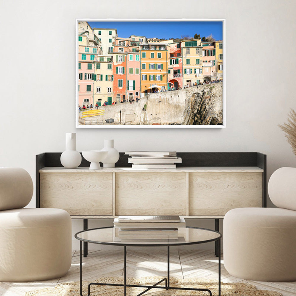 Colourful houses of Cinque Terre II - Art Print by Victoria's Stories, Poster, Stretched Canvas or Framed Wall Art Prints, shown framed in a room