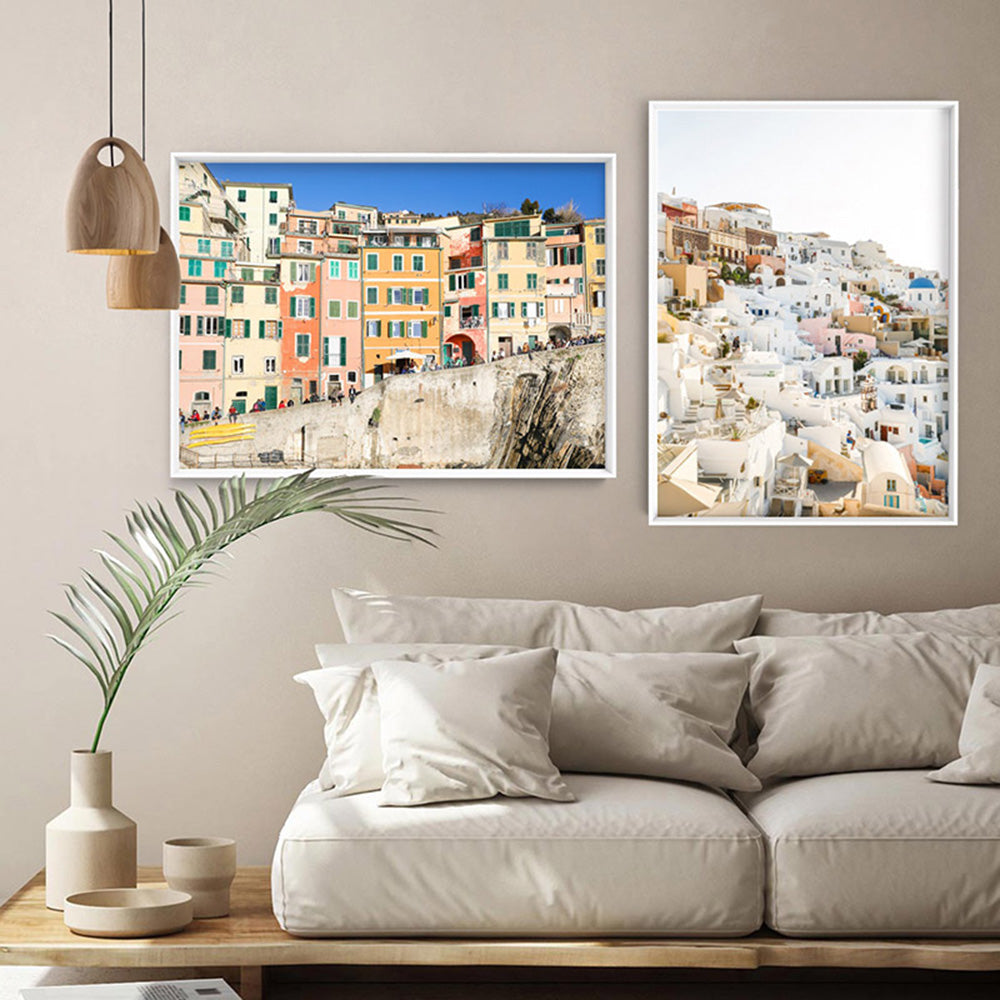 Colourful houses of Cinque Terre II - Art Print by Victoria's Stories, Poster, Stretched Canvas or Framed Wall Art, shown framed in a home interior space