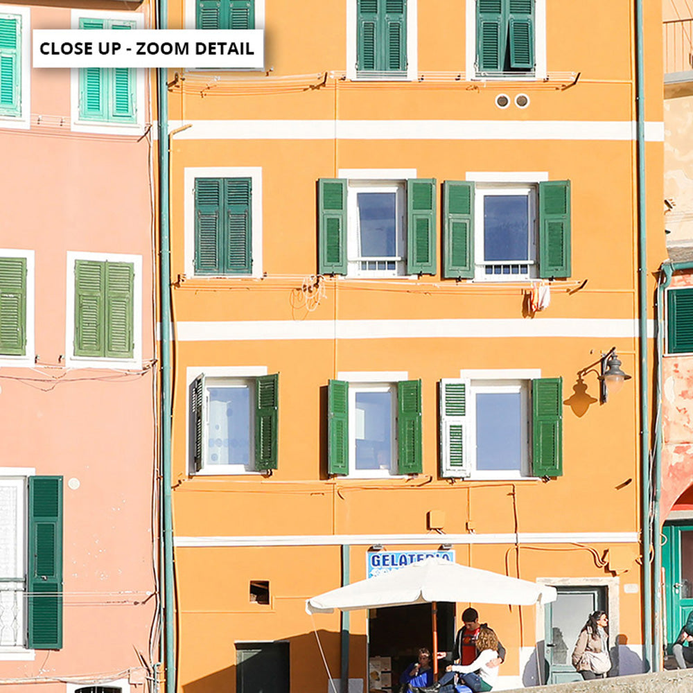 Colourful houses of Cinque Terre II - Art Print by Victoria's Stories, Poster, Stretched Canvas or Framed Wall Art, Close up View of Print Resolution