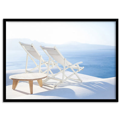 Santorini Lounge View - Art Print by Victoria's Stories, Poster, Stretched Canvas, or Framed Wall Art Print, shown in a black frame