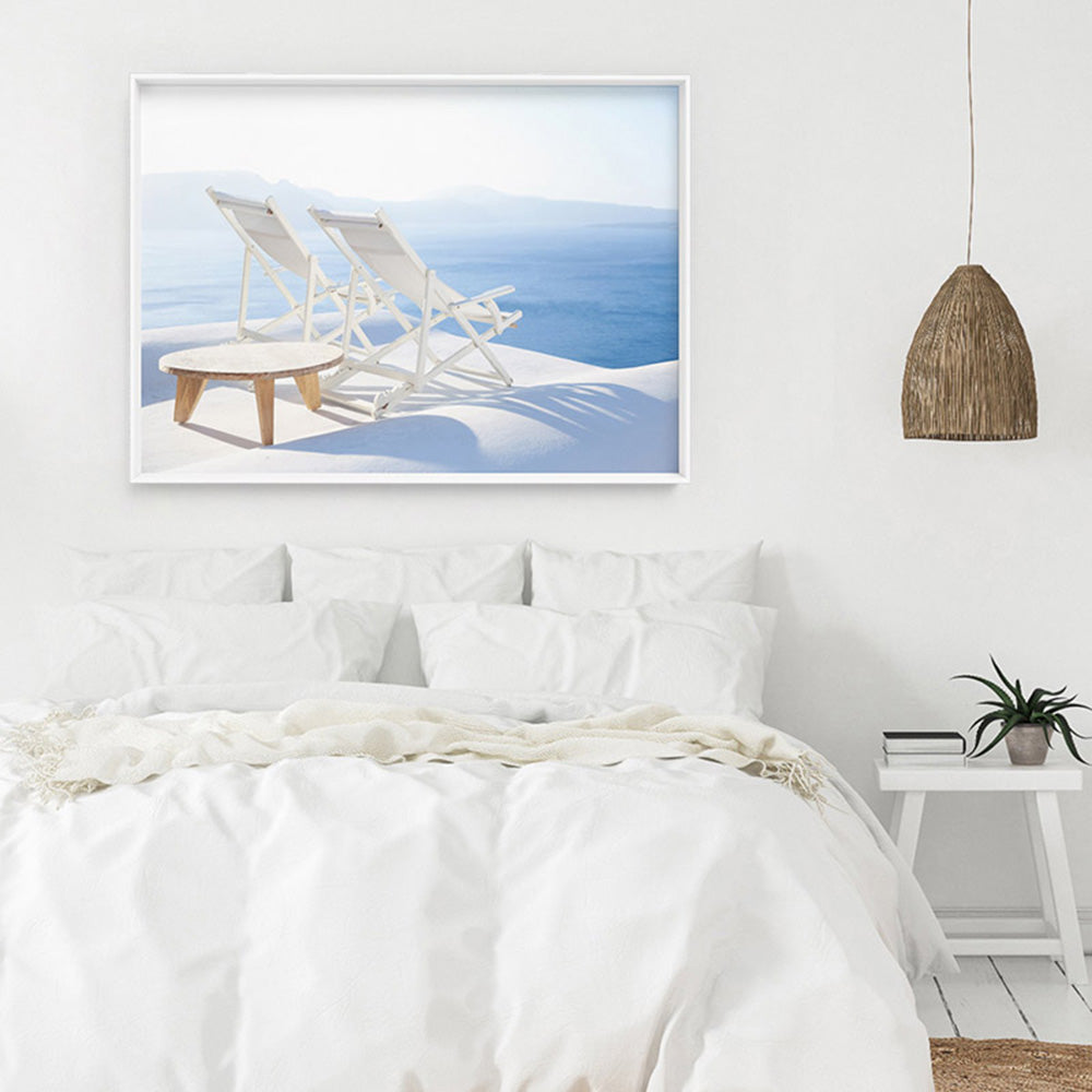 Santorini Lounge View - Art Print by Victoria's Stories, Poster, Stretched Canvas or Framed Wall Art Prints, shown framed in a room