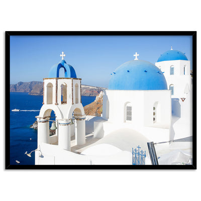 Santorini Blue Dome Church III - Art Print by Victoria's Stories, Poster, Stretched Canvas, or Framed Wall Art Print, shown in a black frame