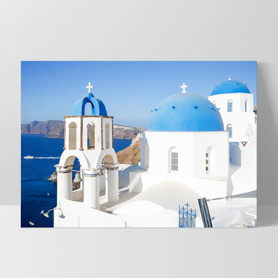 Santorini Blue Dome Church III - Art Print by Victoria's Stories, Poster, Stretched Canvas, or Framed Wall Art Print, shown as a stretched canvas or poster without a frame