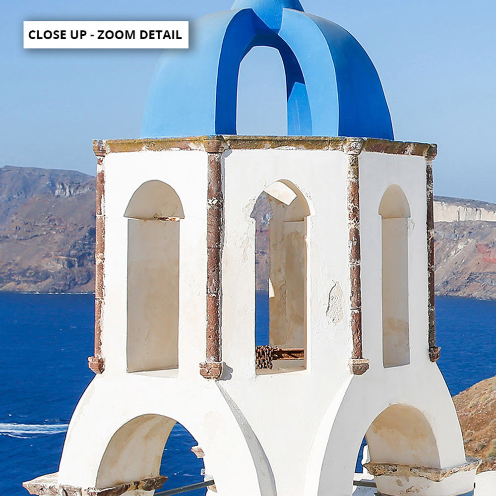 Santorini Blue Dome Church III - Art Print by Victoria's Stories, Poster, Stretched Canvas or Framed Wall Art, Close up View of Print Resolution