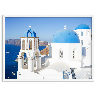 Santorini Blue Dome Church III - Art Print by Victoria's Stories, Poster, Stretched Canvas, or Framed Wall Art Print, shown in a white frame