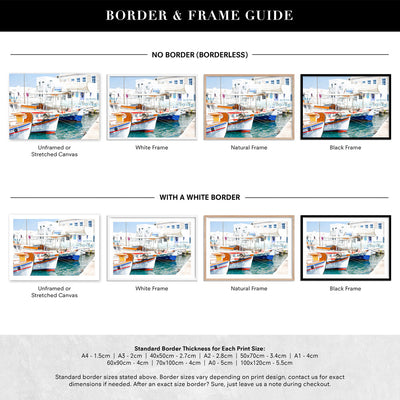 Greek Island Fishing Boats - Art Print by Victoria's Stories, Poster, Stretched Canvas or Framed Wall Art, Showing White , Black, Natural Frame Colours, No Frame (Unframed) or Stretched Canvas, and With or Without White Borders
