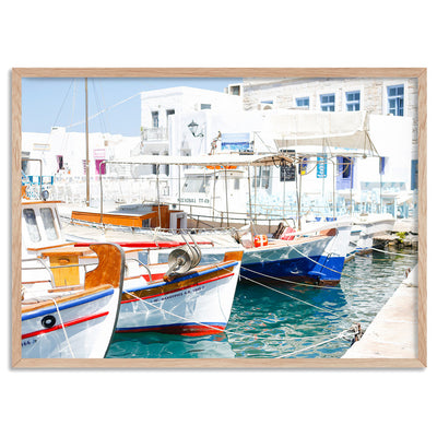 Greek Island Fishing Boats - Art Print by Victoria's Stories, Poster, Stretched Canvas, or Framed Wall Art Print, shown in a natural timber frame
