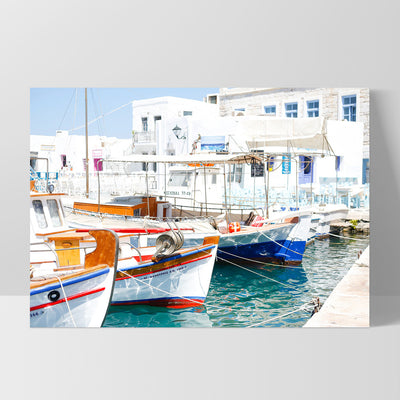 Greek Island Fishing Boats - Art Print by Victoria's Stories, Poster, Stretched Canvas, or Framed Wall Art Print, shown as a stretched canvas or poster without a frame