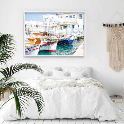 Greek Island Fishing Boats - Art Print by Victoria's Stories, Poster, Stretched Canvas or Framed Wall Art Prints, shown framed in a room