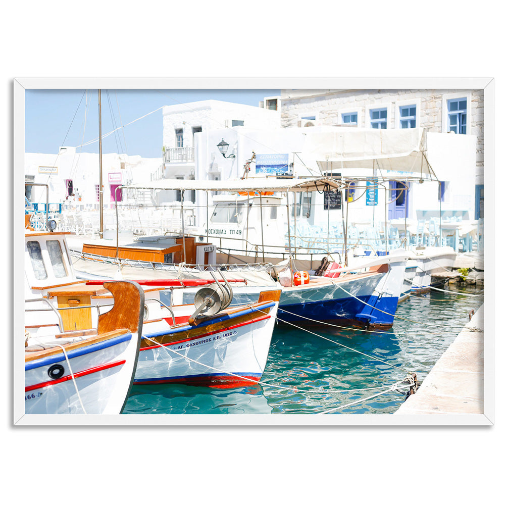 Greek Island Fishing Boats - Art Print by Victoria's Stories, Poster, Stretched Canvas, or Framed Wall Art Print, shown in a white frame