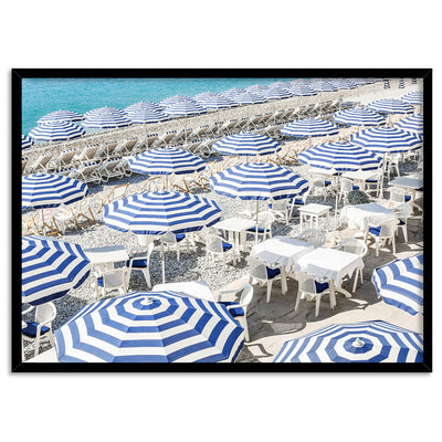 Amalfi Seaside Umbrellas V - Art Print by Victoria's Stories, Poster, Stretched Canvas, or Framed Wall Art Print, shown in a black frame