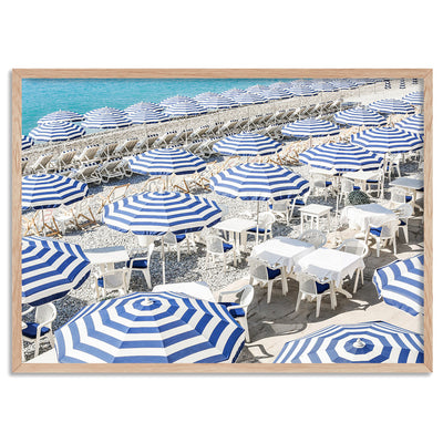 Amalfi Seaside Umbrellas V - Art Print by Victoria's Stories, Poster, Stretched Canvas, or Framed Wall Art Print, shown in a natural timber frame