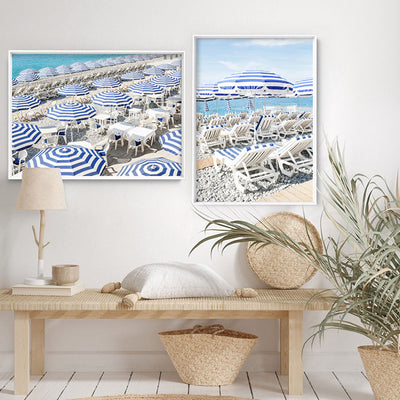 Amalfi Seaside Umbrellas V - Art Print by Victoria's Stories, Poster, Stretched Canvas or Framed Wall Art, shown framed in a home interior space