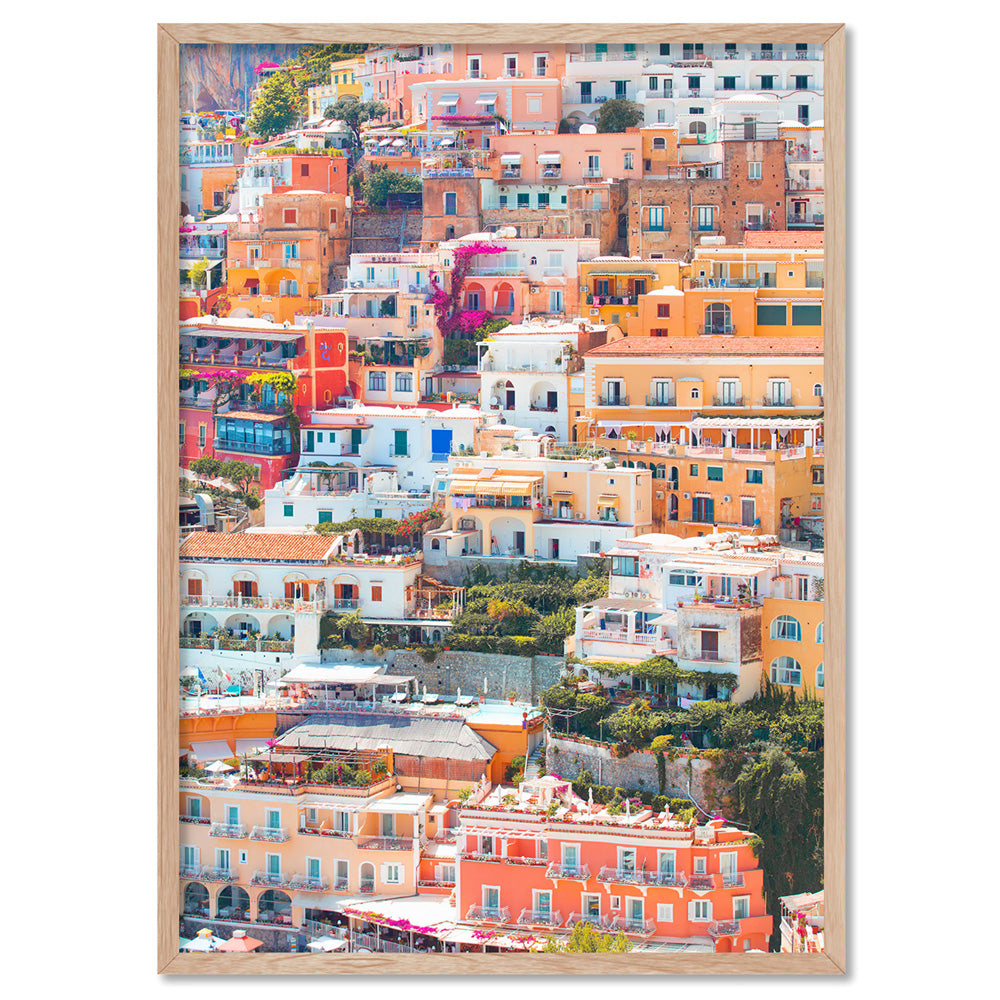 Positano Pastels I - Art Print by Victoria's Stories, Poster, Stretched Canvas, or Framed Wall Art Print, shown in a natural timber frame