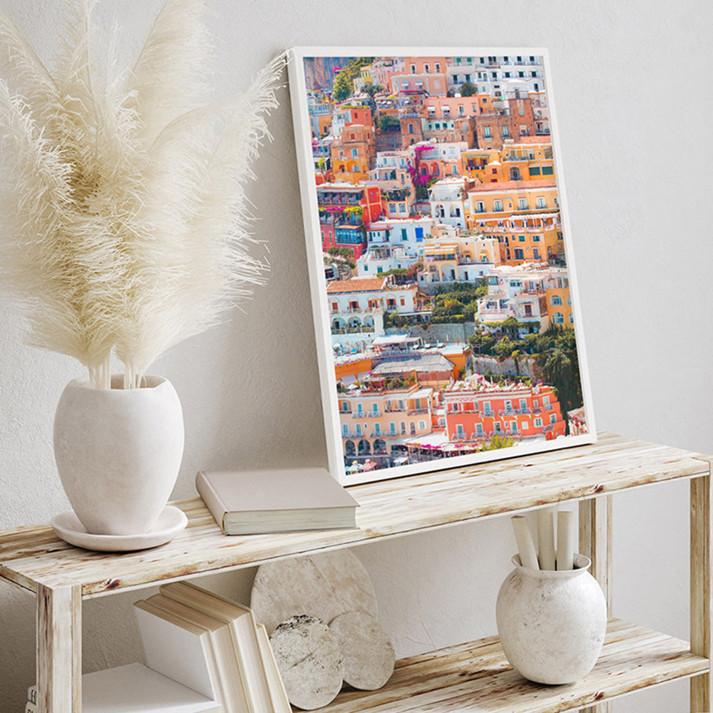 Positano Pastels I - Art Print by Victoria's Stories, Poster, Stretched Canvas or Framed Wall Art Prints, shown framed in a room