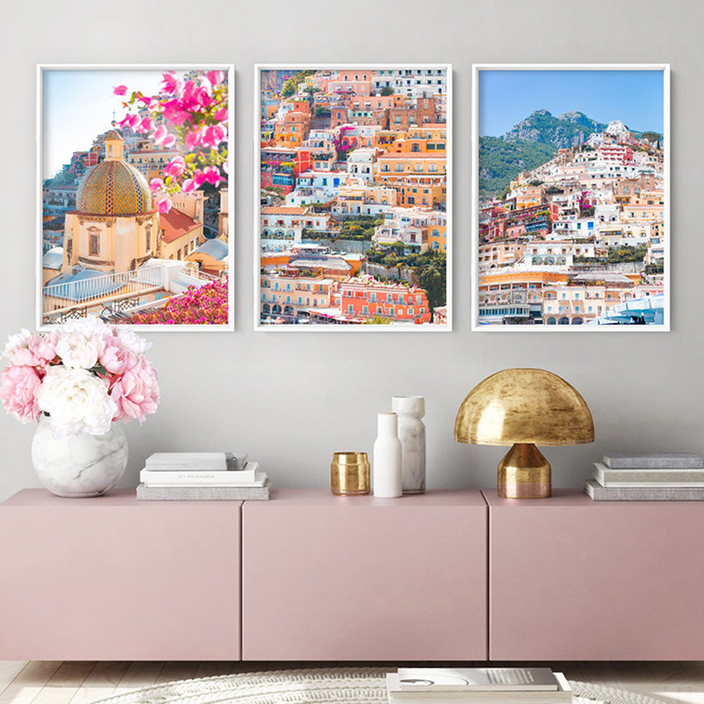 Positano Pastels I - Art Print by Victoria's Stories, Poster, Stretched Canvas or Framed Wall Art, shown framed in a home interior space