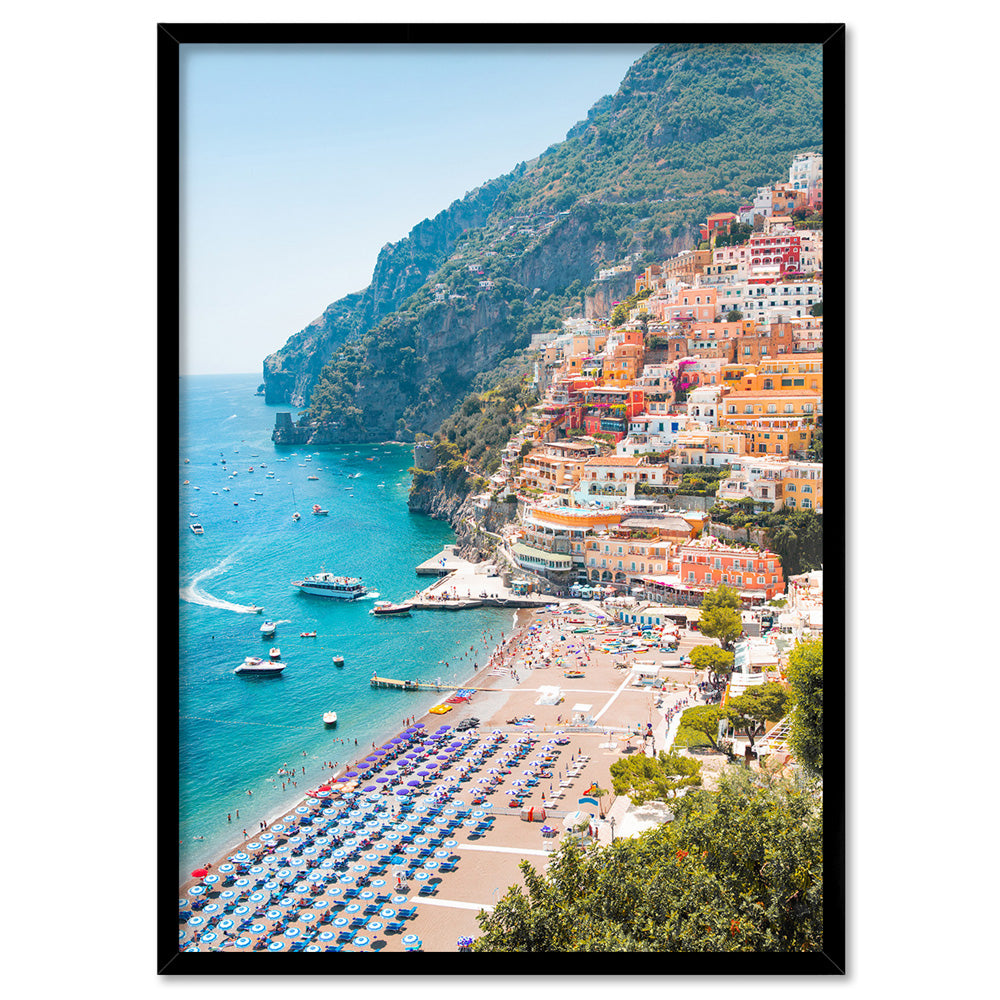 Amalfi Coast Positano View I - Art Print by Victoria's Stories, Poster, Stretched Canvas, or Framed Wall Art Print, shown in a black frame