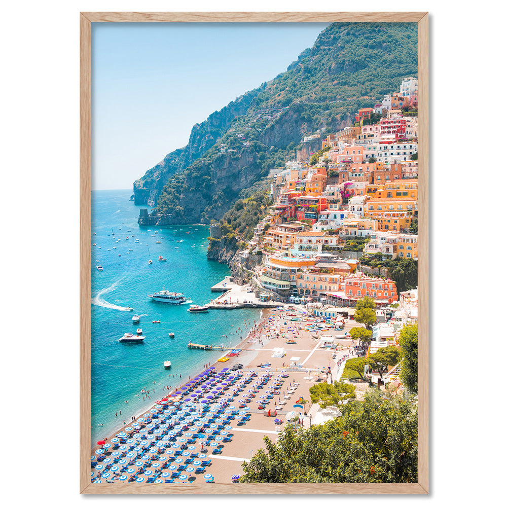 Amalfi Coast Positano View I - Art Print by Victoria's Stories, Poster, Stretched Canvas, or Framed Wall Art Print, shown in a natural timber frame