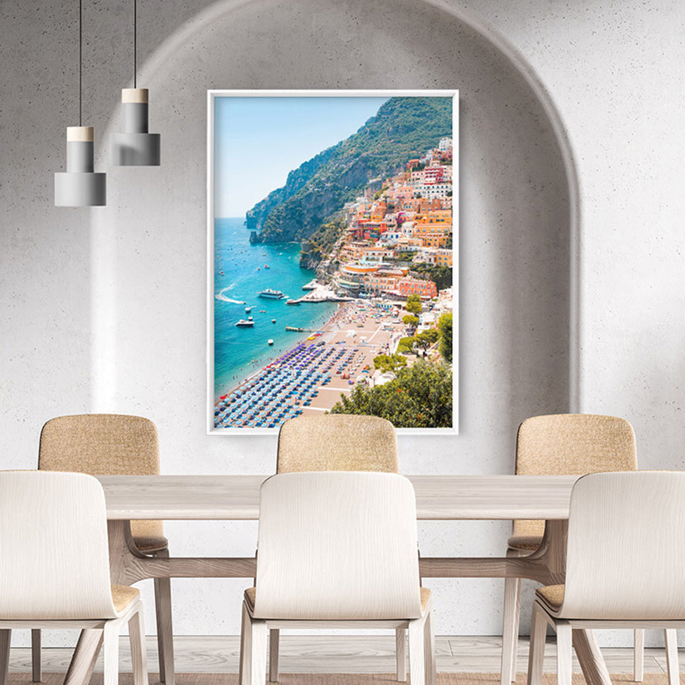 Amalfi Coast Positano View I - Art Print by Victoria's Stories, Poster, Stretched Canvas or Framed Wall Art Prints, shown framed in a room