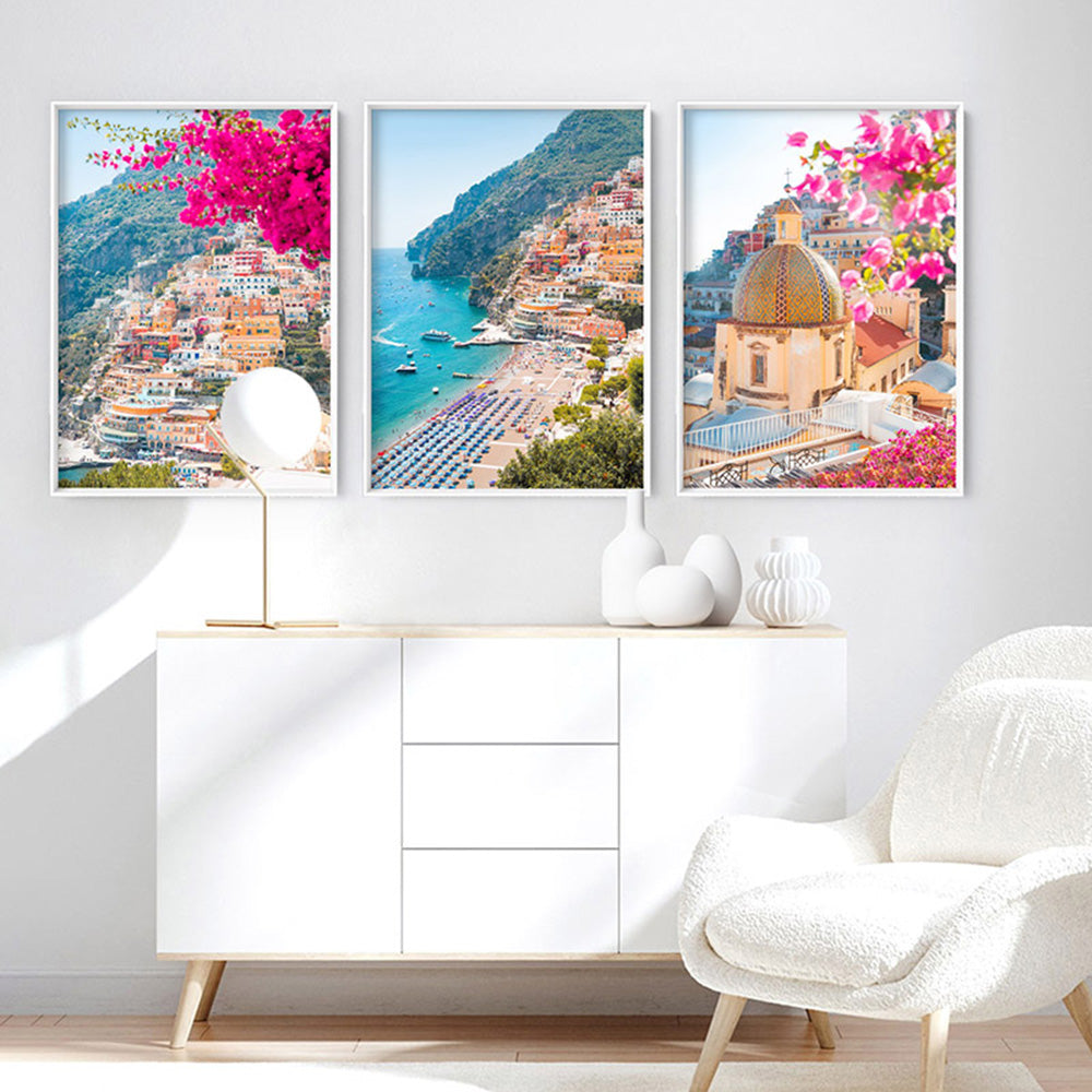 Amalfi Coast Positano View I - Art Print by Victoria's Stories, Poster, Stretched Canvas or Framed Wall Art, shown framed in a home interior space