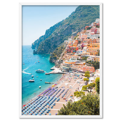 Amalfi Coast Positano View I - Art Print by Victoria's Stories, Poster, Stretched Canvas, or Framed Wall Art Print, shown in a white frame