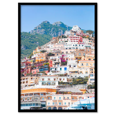 Positano Pastels II - Art Print by Victoria's Stories, Poster, Stretched Canvas, or Framed Wall Art Print, shown in a black frame