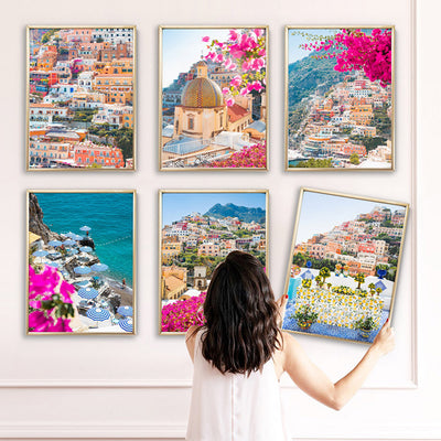 Positano Pastels II - Art Print by Victoria's Stories, Poster, Stretched Canvas or Framed Wall Art, shown framed in a home interior space