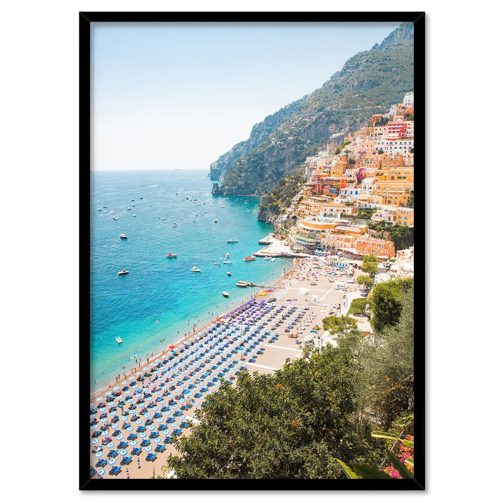 Amalfi Coast Positano View II - Art Print by Victoria's Stories, Poster, Stretched Canvas, or Framed Wall Art Print, shown in a black frame