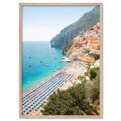 Amalfi Coast Positano View II - Art Print by Victoria's Stories, Poster, Stretched Canvas, or Framed Wall Art Print, shown in a natural timber frame