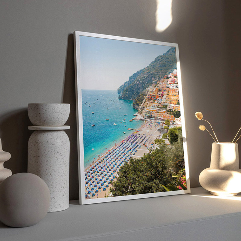 Amalfi Coast Positano View II - Art Print by Victoria's Stories, Poster, Stretched Canvas or Framed Wall Art Prints, shown framed in a room