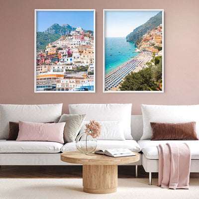 Amalfi Coast Positano View II - Art Print by Victoria's Stories, Poster, Stretched Canvas or Framed Wall Art, shown framed in a home interior space