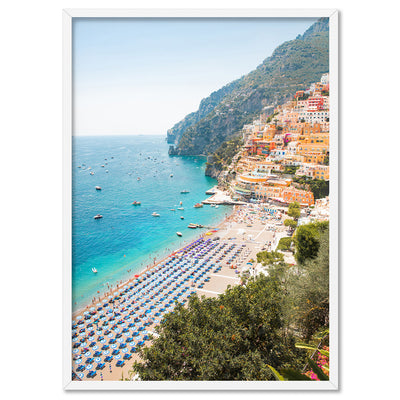 Amalfi Coast Positano View II - Art Print by Victoria's Stories, Poster, Stretched Canvas, or Framed Wall Art Print, shown in a white frame