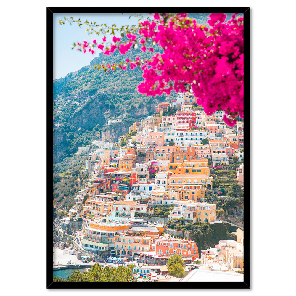 Positano Pretty Pink Cliffside - Art Print by Victoria's Stories, Poster, Stretched Canvas, or Framed Wall Art Print, shown in a black frame