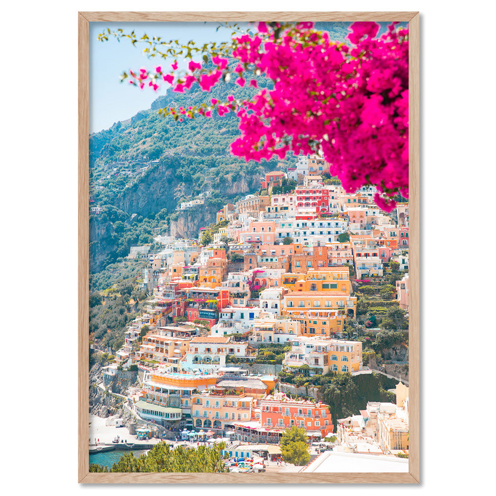 Positano Pretty Pink Cliffside - Art Print by Victoria's Stories, Poster, Stretched Canvas, or Framed Wall Art Print, shown in a natural timber frame