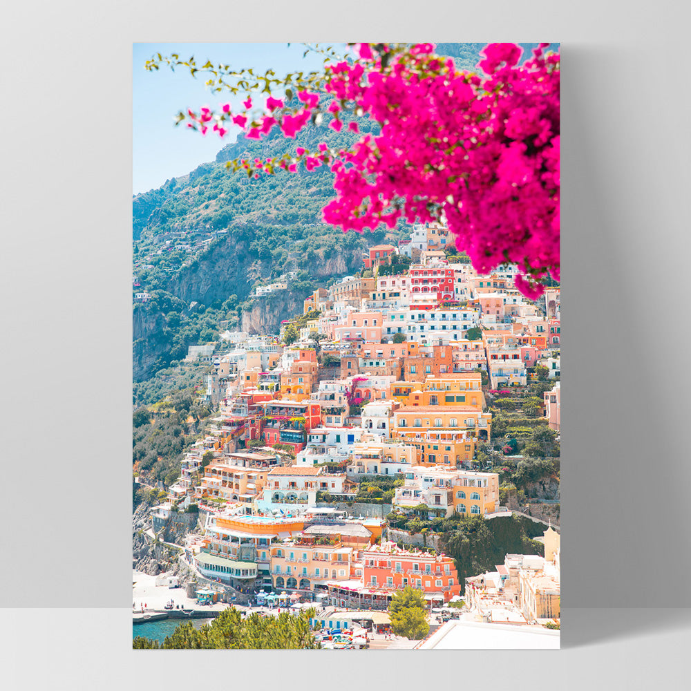 Positano Pretty Pink Cliffside - Art Print by Victoria's Stories, Poster, Stretched Canvas, or Framed Wall Art Print, shown as a stretched canvas or poster without a frame