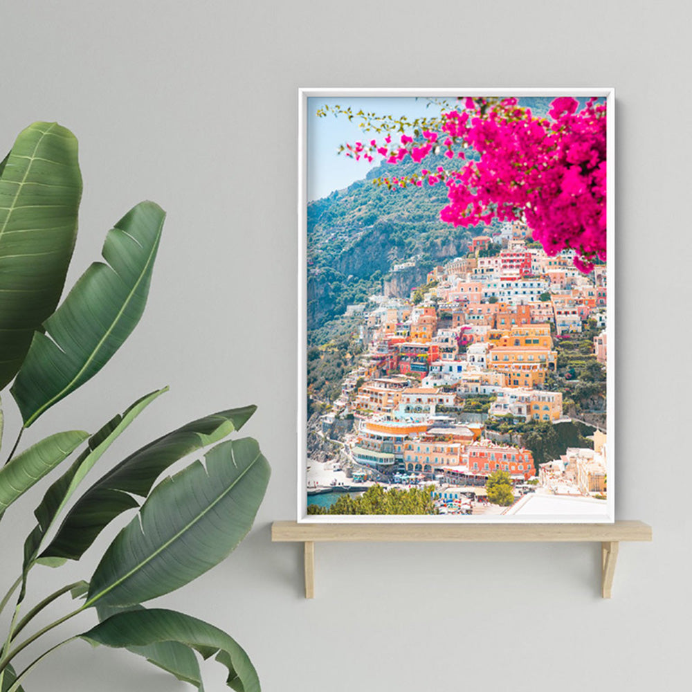 Positano Pretty Pink Cliffside - Art Print by Victoria's Stories, Poster, Stretched Canvas or Framed Wall Art Prints, shown framed in a room