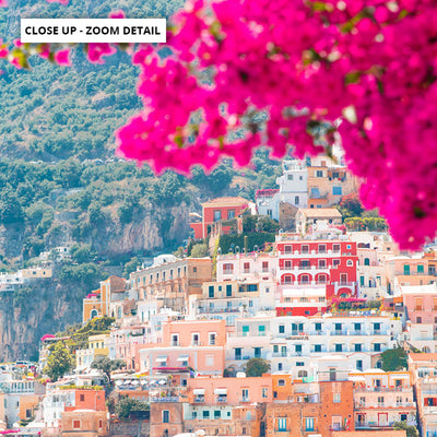 Positano Pretty Pink Cliffside - Art Print by Victoria's Stories, Poster, Stretched Canvas or Framed Wall Art, Close up View of Print Resolution